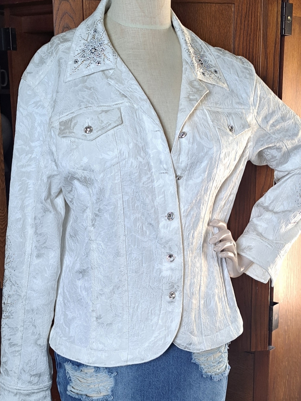 Christine Alexander White Floral Jacquard Western Bling Jacket L